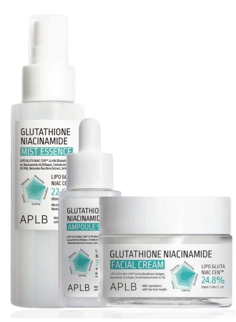 ايه بي ال بي علاج البقع الداكنة وتفاوت لون البشرة – مجموعة APLB بالجلوتاثيون والنياسيناميد: ميست، أمبول سيروم وكريم للتفتيح - Image 1